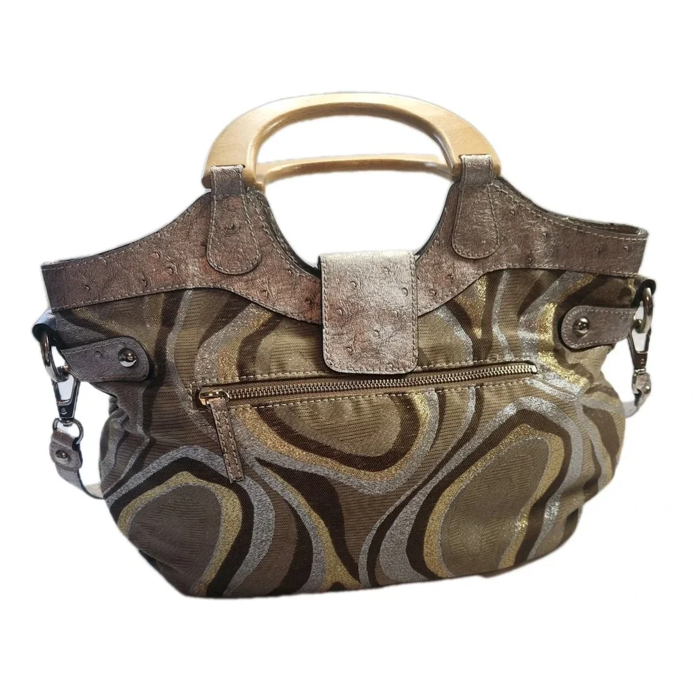 Vtg Guess Samba Metallic  Handbag Large Hobo Purse & Strap Retro Wood Handle‎